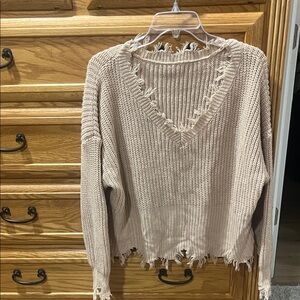 Beige Distressed V-Neck Women's Sweater